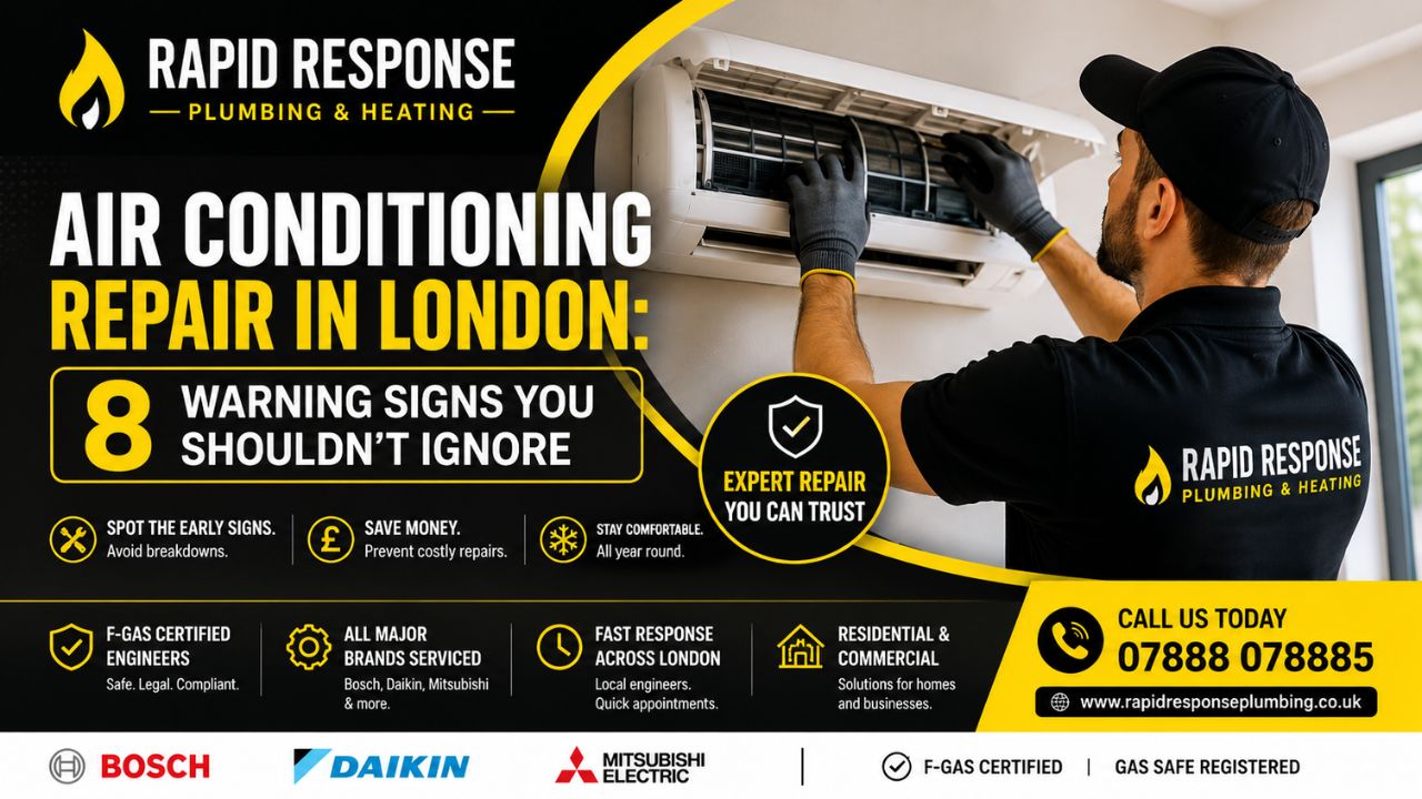 Air Conditioning Repair in London by Rapid Response Plumbing & Heating with F-Gas certified engineer servicing a wall mounted AC unit