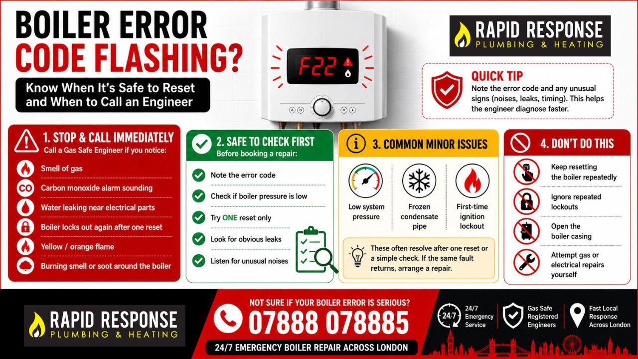 Boiler control panel showing a flashing error code in a London home