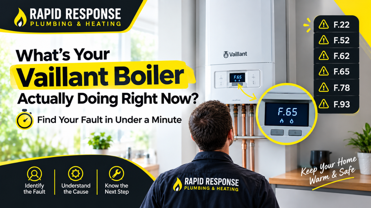 Homeowner checking a Vaillant boiler pressure gauge and fault code display in a London