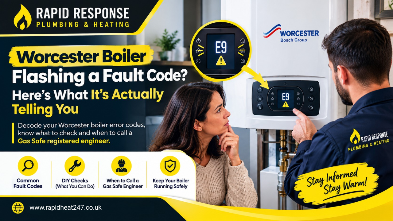 Worcester Bosch boiler control panel displaying a fault code in a London home