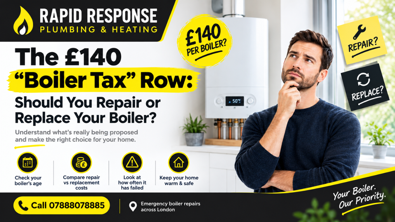 London homeowner weighing a boiler repair quote against a new boiler quote during the boiler tax debate