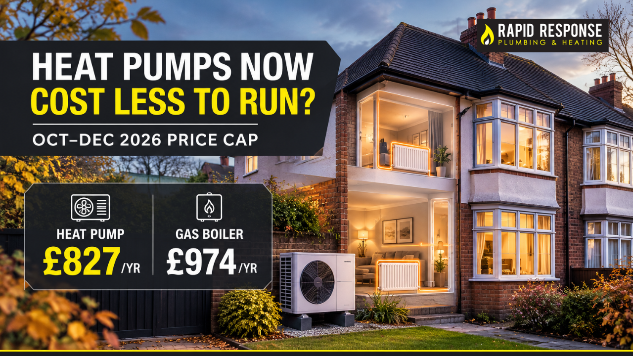 Air source heat pump installed outside a London home next to energy bill comparison